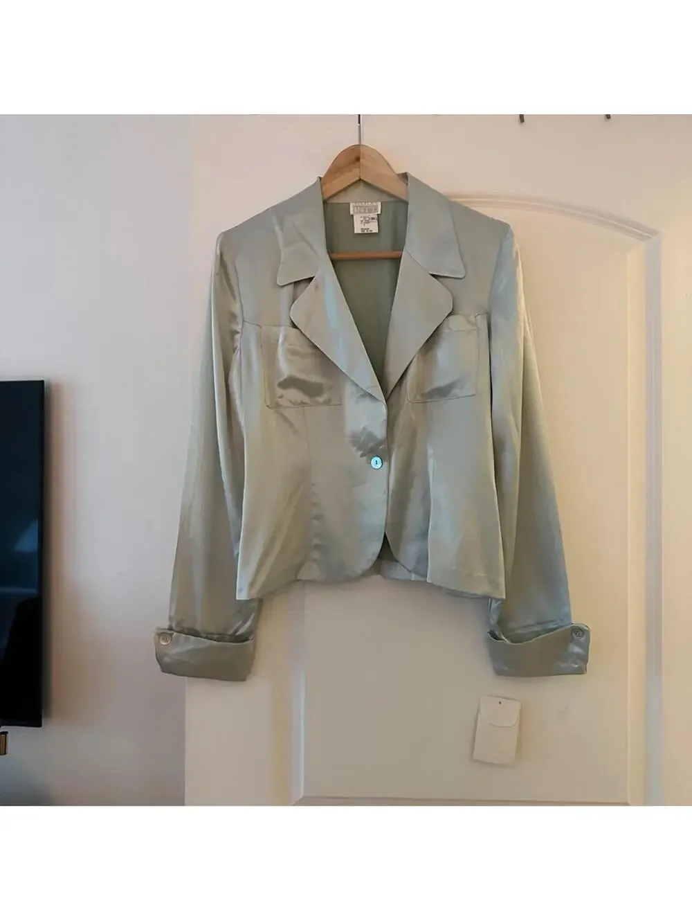 Vintage Light Green Satin Matching Set - Blazer and Mini Skirt